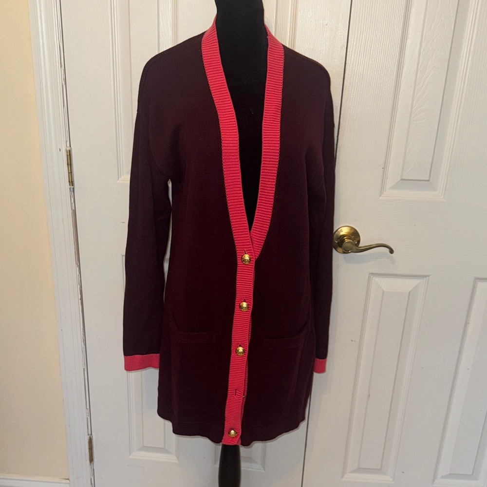 Talbots Deep Red Cardigan with Pink Trim